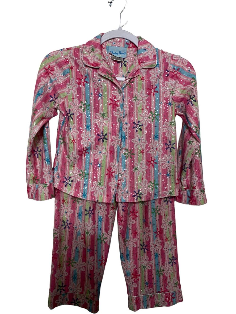 SLEEPING BEAUTY Girl's 2PC Pajama Set Size 10 Pink Snowflake